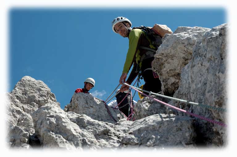 Sichern am Ausstieg aus der Seekofel Nordwand